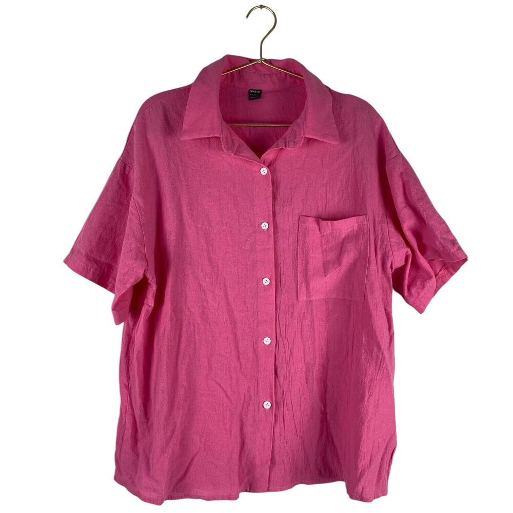 Shein Shirt Pink Button Up Unisex Short Sleeve Size LG 568